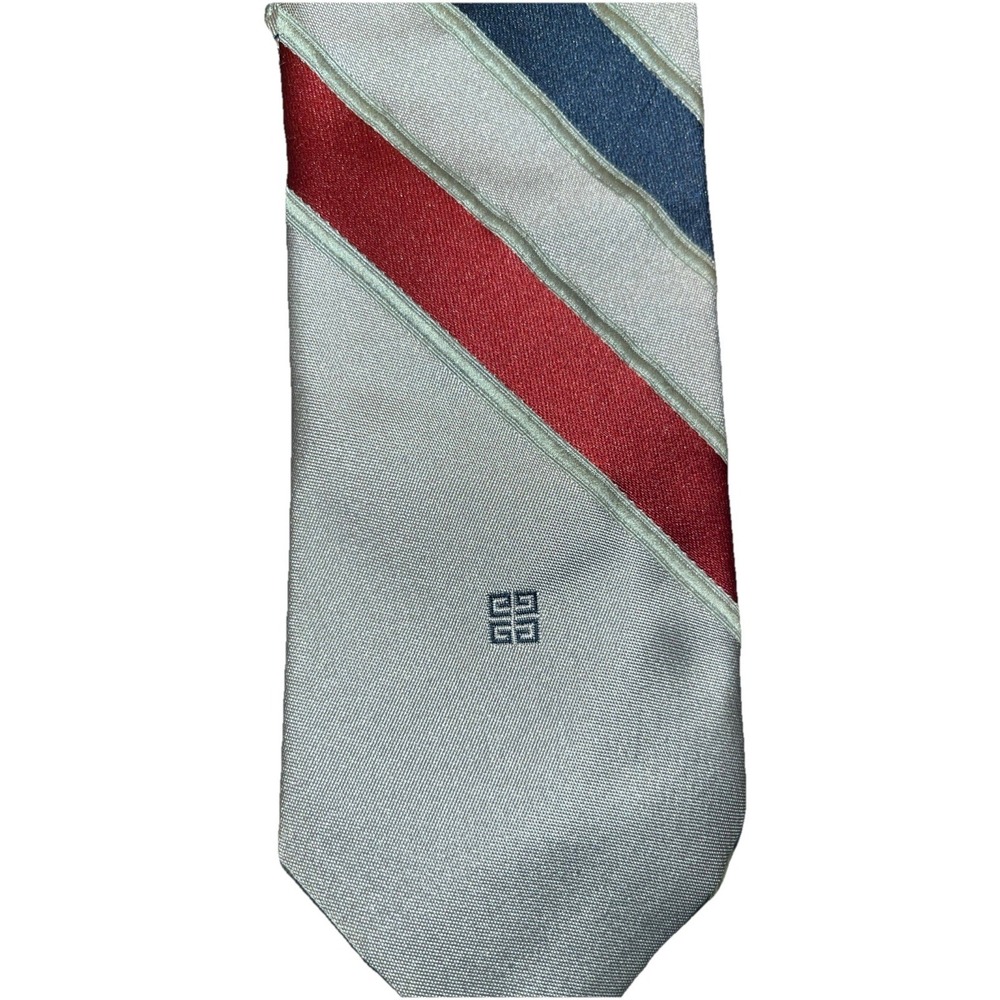 Vintage GIVENCHY Gentlemen Paris Men's Silk Tie Gray Blue Red Stripes Signature